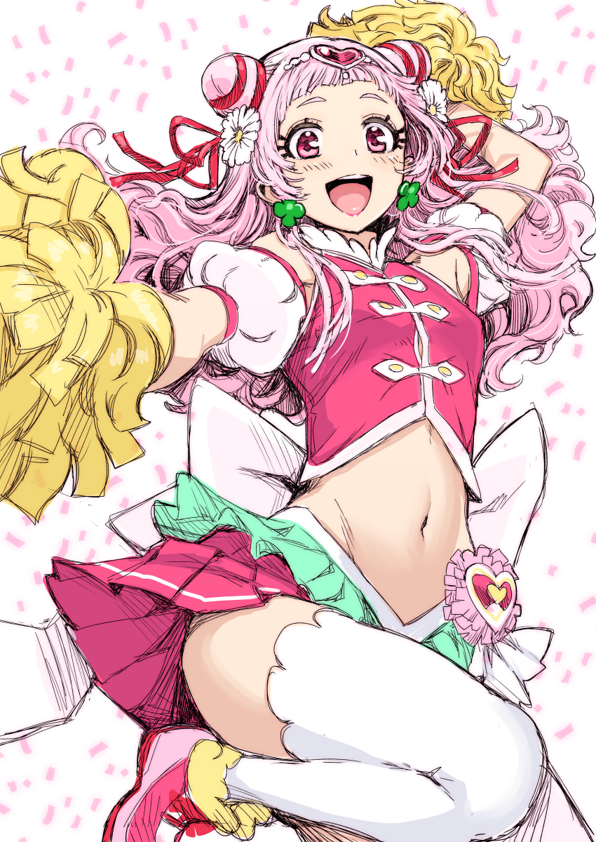 1girl :d angelo_(gomahangetsu) armpits blush confetti cowboy_shot crop_top cure_yell detached_sleeves earrings flower hair_flower hair_ornament hair_ribbon highres hugtto!_precure jewelry leg_up lipstick long_hair looking_at_viewer magical_girl makeup midriff navel nono_hana open_mouth pink_eyes pink_hair pink_skirt pom_poms precure ribbon shoes simple_background skirt smile solo thigh-highs upper_teeth white_background