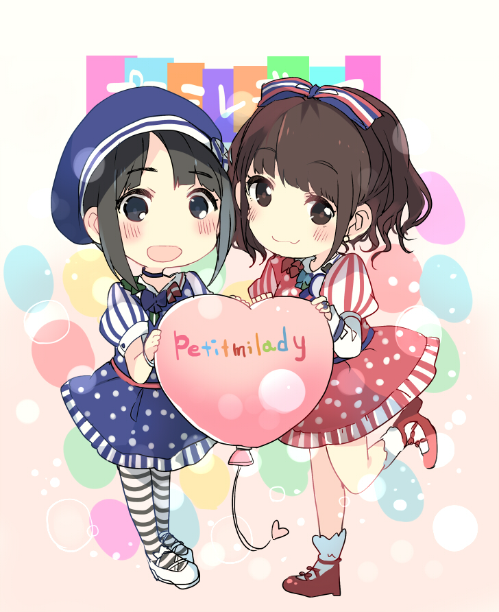 2girls :3 :d bangs beret black_eyes black_hair blue_dress blue_headwear blush bow brown_eyes brown_hair chibi dress full_body hair_bow hat heart_balloon long_sleeves looking_at_viewer multiple_girls open_mouth pantyhose petit_milady polka_dot polka_dot_dress red_dress red_footwear seiyuu short_sleeves sidelocks smile socks standing standing_on_one_leg striped striped_bow striped_legwear taketatsu_ayana taneda_yuuta twintails two_side_up white_footwear yuuki_aoi