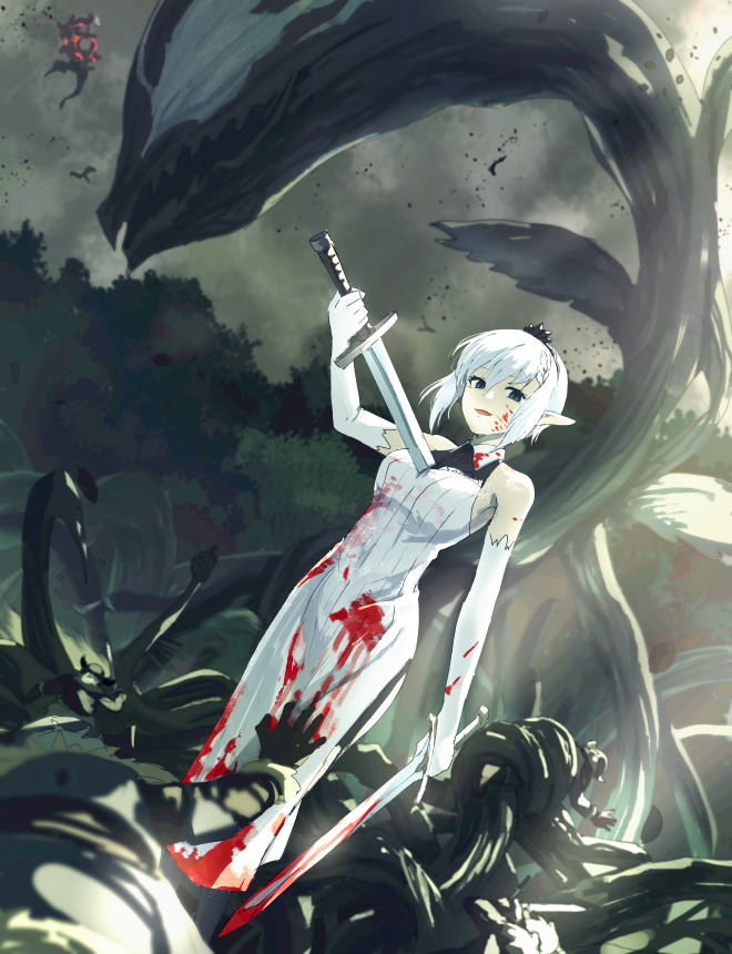 1girl black_gloves blood blood_on_face bloody_clothes bloody_dress clouds cloudy_sky dress dual_wielding elbow_gloves gloves holding holding_sword holding_weapon looking_at_viewer natsuno_hamuto niggurath_the_ancient_tree_branch outdoors pixiv_fantasia pixiv_fantasia_last_saga pointy_ears roots sidelocks sky solo_focus standing sword tree weapon white_gloves