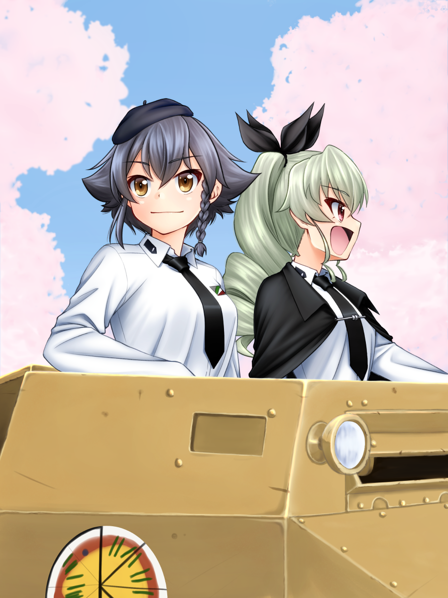 2girls :d anchovy anzio_(emblem) anzio_school_uniform arm_rest bangs beret black_cape black_hair black_headwear black_neckwear black_ribbon blue_sky braid brown_eyes cape carro_veloce_cv-33 cherry_blossoms clear_sky closed_mouth commentary day dress_shirt drill_hair emblem eyebrows_visible_through_hair girls_und_panzer green_hair ground_vehicle hair_ribbon hair_tie hanami hat highres long_hair long_sleeves military military_vehicle motor_vehicle multiple_girls necktie one_eye_closed open_mouth outdoors pepperoni_(girls_und_panzer) red_eyes ribbon riding ruka_(piyopiyopu) school_uniform shirt short_hair side_braid sky smile tank tree twin_drills twintails white_shirt