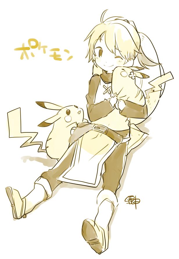 1girl :3 ;) ahoge bangs belt boots chuchu_(pokemon) copyright_name creatures_(company) game_freak gen_1_pokemon hat_around_neck holding holding_pokemon long_hair long_sleeves monochrome nintendo one_eye_closed pants pelvic_curtain pika_(pokemon) pikachu pokemon pokemon_(creature) pokemon_special sitting smile taneda_yuuta white_background yellow_(pokemon) yellow_theme