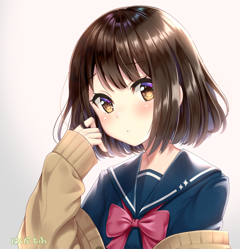 1girl bangs blue_sailor_collar blue_shirt blush bow bowtie brown_cardigan brown_eyes brown_hair closed_mouth commentary_request frown hakuda_tofu hand_up head_tilt long_sleeves looking_at_viewer off_shoulder original pink_neckwear sailor_collar school_uniform shirt short_hair sidelocks signature sleeves_past_wrists solo upper_body