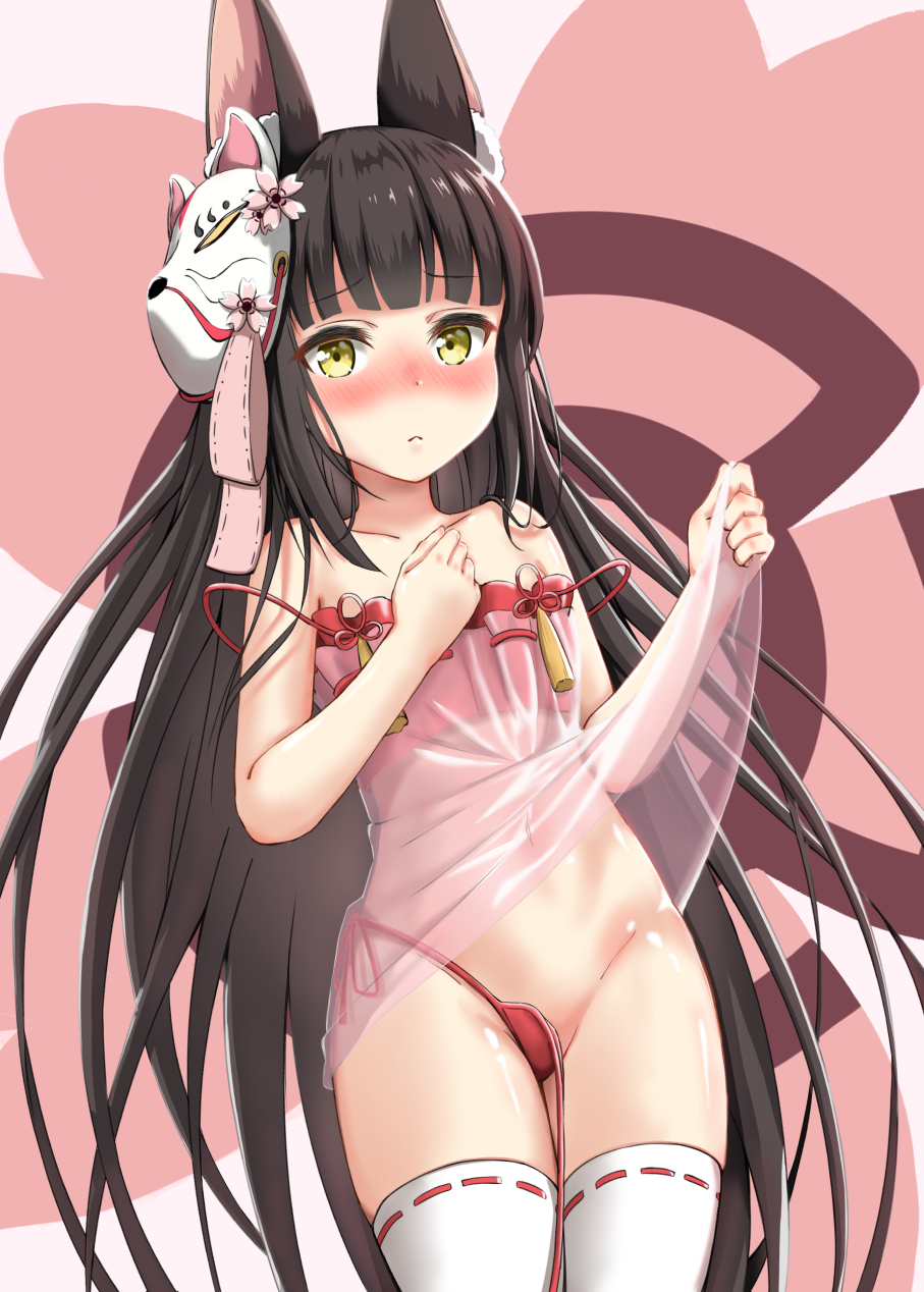 1girl animal_ear_fluff animal_ears azur_lane bangs bare_shoulders black_hair blunt_bangs blush commentary_request eyebrows_visible_through_hair flat_chest fox_ears fox_mask hand_on_own_chest highres lingerie long_hair looking_at_viewer mask mask_on_head nagato_(azur_lane) navel negligee panties panty_slip red_panties see-through shiny shiny_skin solo straight_hair strap_slip string_panties thigh-highs underwear user_ujzx4875 yellow_eyes
