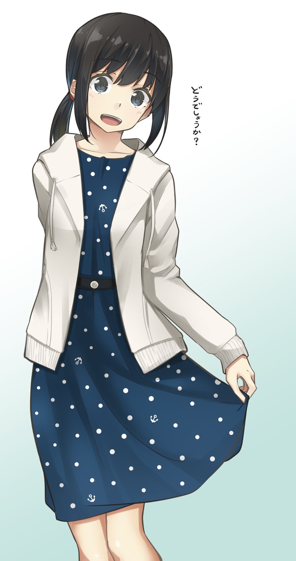 1girl :d alternate_costume anchor_symbol black_eyes black_hair blue_background blue_dress breasts collarbone dress dress_lift eyebrows_visible_through_hair fubuki_(kantai_collection) gradient gradient_background hair_between_eyes highres jacket kantai_collection lifted_by_self long_sleeves looking_at_viewer low_ponytail negahami open_mouth polka_dot polka_dot_dress ponytail short_hair sidelocks simple_background small_breasts smile solo white_background white_jacket