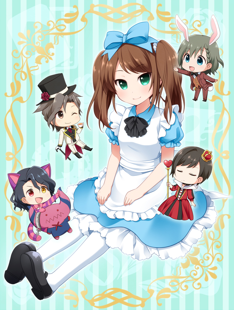 5boys alice_(wonderland) alice_(wonderland)_(cosplay) alice_in_wonderland animal_ears apron aqua_eyes asselin_bb_ii black_hair blue_dress bow braid brown_eyes brown_hair cafe_parade cane cat_ears cat_tail cheshire_cat cheshire_cat_(cosplay) chibi closed_eyes cosplay cup dress green_eyes hair_bow hat heterochromia idolmaster idolmaster_side-m kamiya_yukihiro long_hair looking_at_viewer mad_hatter mad_hatter_(cosplay) male_focus mary_janes mizushima_saki multiple_boys one_eye_closed pantyhose queen_of_hearts queen_of_hearts_(cosplay) red_eyes ringo_yuyu shinonome_souichirou shoes single_braid smile tail teacup top_hat twintails uzuki_makio white_legwear white_rabbit white_rabbit_(cosplay) yellow_eyes