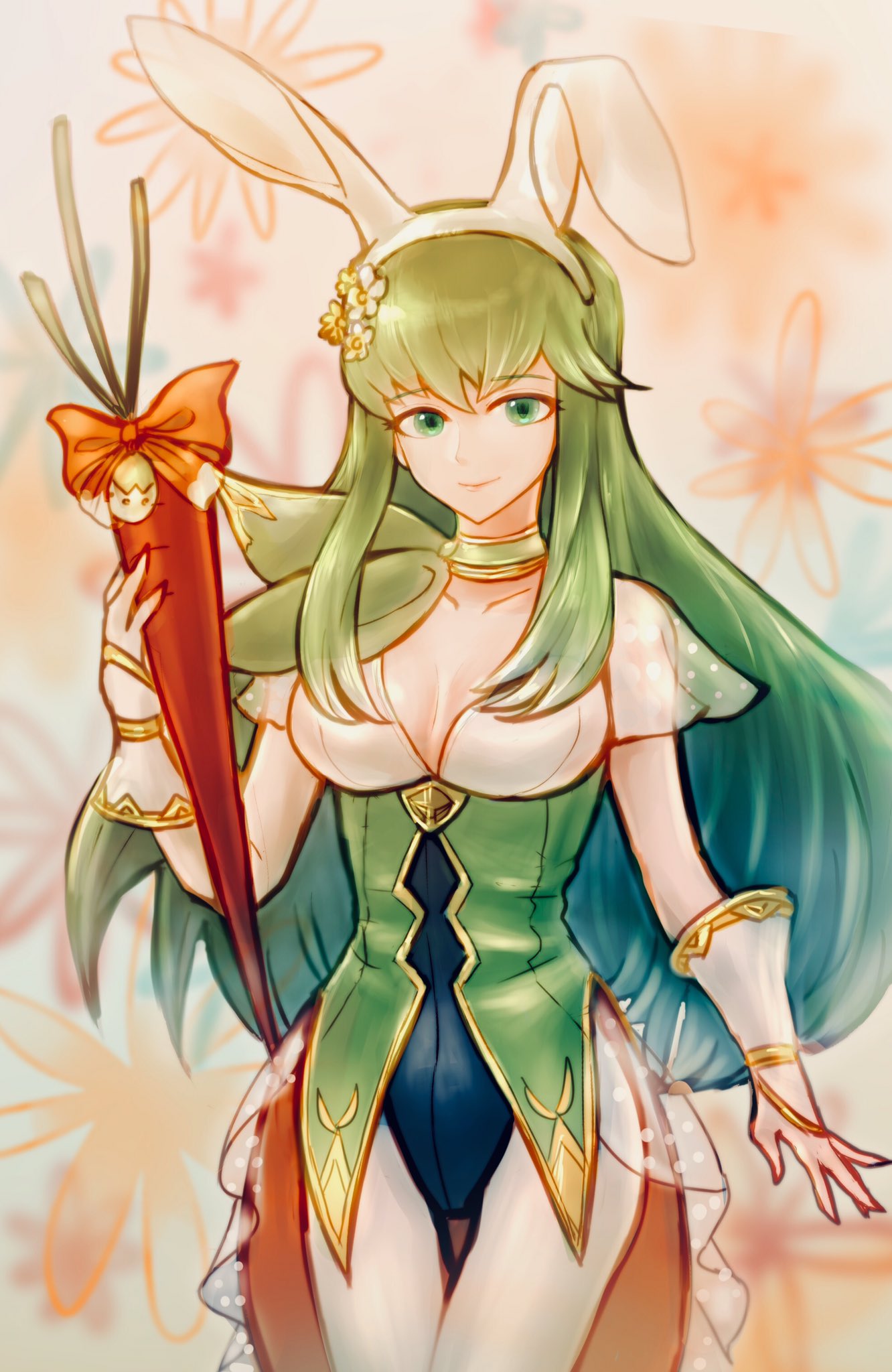 1girl animal_ears breasts carrot choker closed_mouth fake_animal_ears feh_xeri fire_emblem fire_emblem:_mystery_of_the_emblem fire_emblem_heroes flower green_eyes green_hair hair_flower hair_ornament highres holding leotard long_hair medium_breasts nintendo paola rabbit_ears smile solo white_legwear