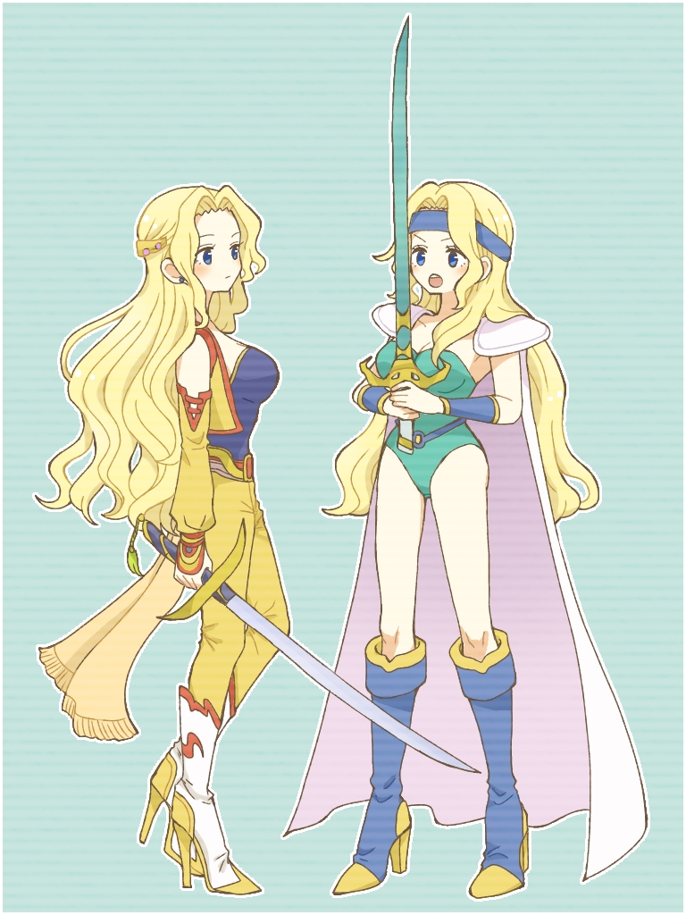 2girls blonde_hair blue_eyes blue_footwear blue_headband boots breasts cape celes_chere cleavage closed_mouth detached_sleeves dual_persona earrings final_fantasy final_fantasy_vi full_body green_leotard hair_intakes headband high_heel_boots high_heels holding holding_sword holding_weapon ichi_(pixiv6373491) jewelry knee_boots legs_apart leotard long_hair long_sleeves medium_breasts multiple_girls no_nose open_clothes open_mouth open_vest outline pants pauldrons standing strapless strapless_leotard striped striped_background sword teeth v-shaped_eyebrows vest weapon white_cape white_footwear white_outline yellow_pants yellow_vest