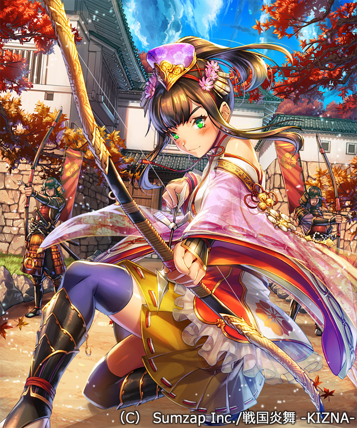 2boys asano_shiki bangs blush bow bow_(weapon) breasts brown_hair building closed_mouth clouds copyright_name flower green_eyes hair_flower hair_ornament holding holding_bow_(weapon) holding_weapon japanese_clothes long_hair long_sleeves looking_at_viewer multiple_boys official_art original sengoku_saga sky standing thigh-highs tree weapon