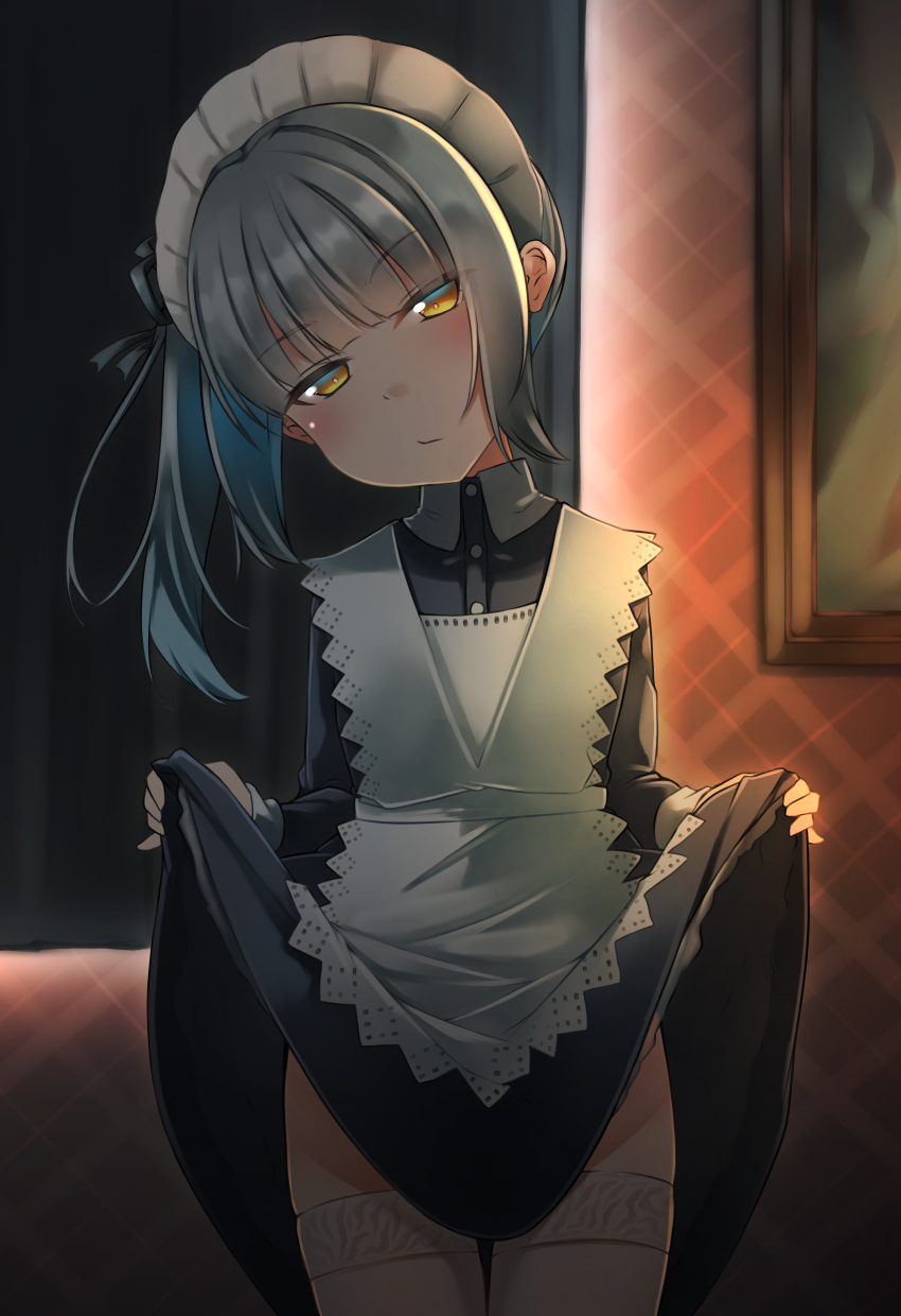 1girl alternate_costume apron bangs black_dress black_ribbon blush brown_eyes closed_mouth collared_dress comah commentary_request curtains dress dress_lift enmaided eyebrows_visible_through_hair glaring grey_hair hair_ribbon half-closed_eyes head_tilt highres indoors kantai_collection kasumi_(kantai_collection) lifted_by_self long_hair long_sleeves maid maid_apron maid_headdress painting_(object) picture_frame ribbon side_ponytail sidelocks solo standing thigh-highs white_apron white_legwear