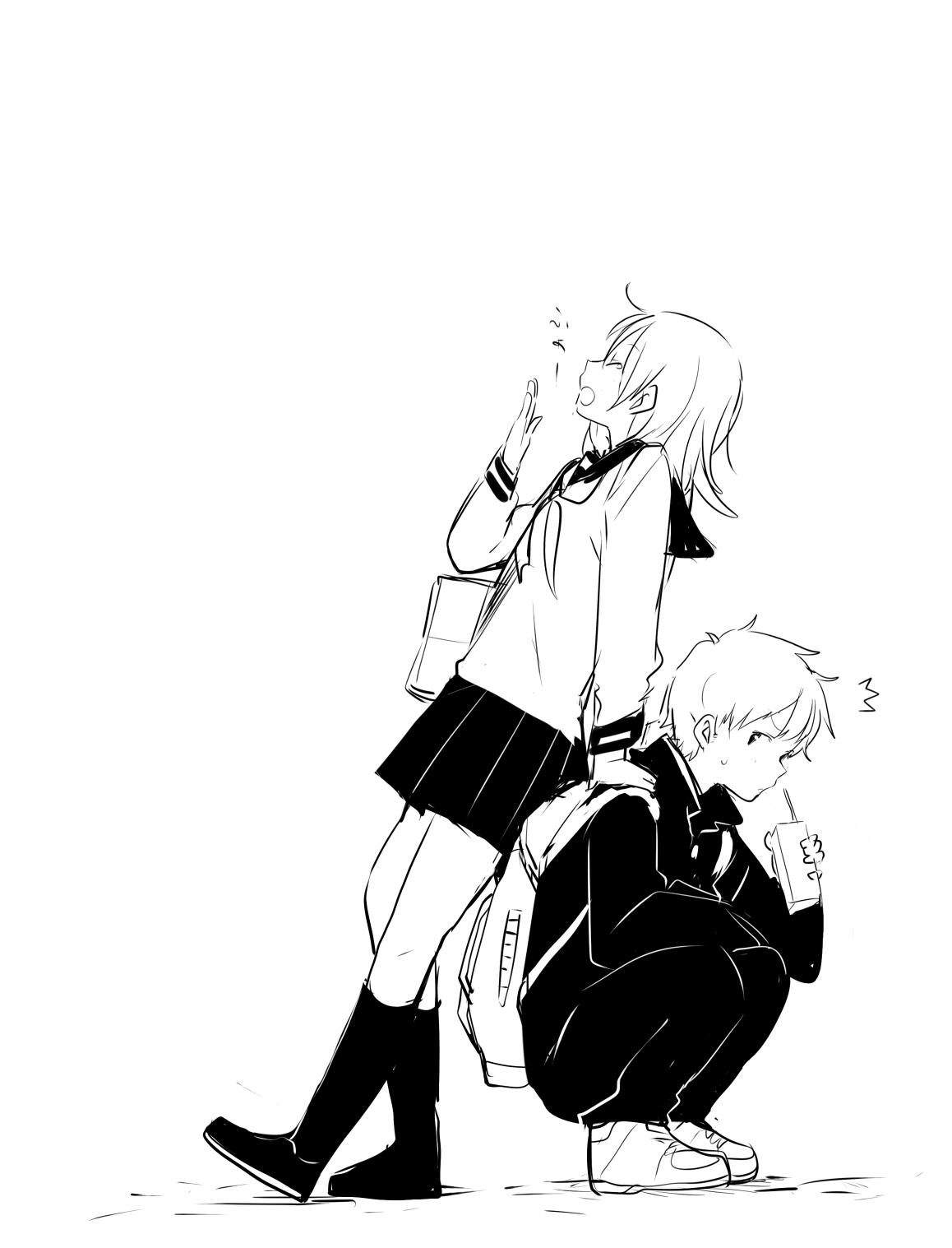 /\/\/\ 1boy 1girl backpack bag closed_eyes commentary_request from_side gakuran greyscale hand_on_another's_shoulder hand_up high_contrast highres holding juice_box kneehighs leaning_on_person long_sleeves medium_hair miniskirt monochrome neckerchief original pants pleated_skirt school_bag school_uniform serafuku shoes simple_background skirt squatting taneda_yuuta translation_request white_background yawning