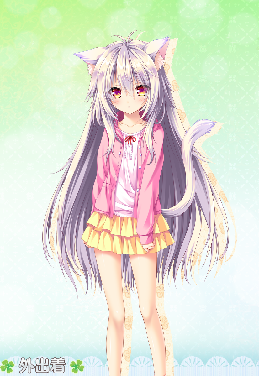 1girl ai_(wakaba_iro_no_quartet) animal_ear_fluff animal_ears artist_request bare_legs cat_ears cat_girl cat_tail expressionless highres hood hoodie layered_skirt long_hair long_sleeves official_art open_clothes open_hoodie orange_eyes pink_hoodie shirt silver_hair tail wakaba_iro_no_quartet