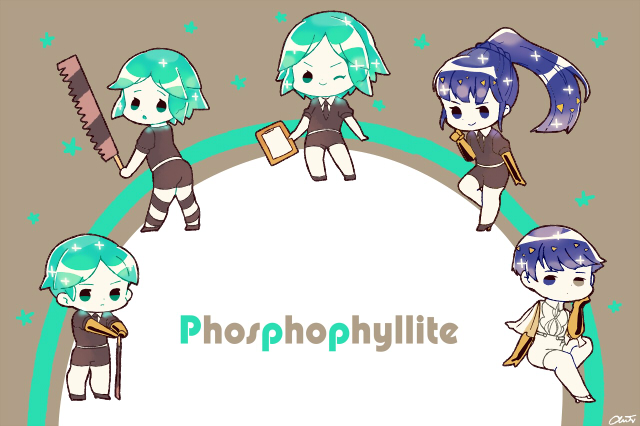 1other androgynous bangs blue_eyes blue_hair blunt_bangs character_name chibi chiyoko_(oman1229) clipboard crystal_hair gem_uniform_(houseki_no_kuni) golden_arms green_eyes green_hair heterochromia houseki_no_kuni long_hair looking_at_viewer multiple_persona necktie one_eye_closed phosphophyllite phosphophyllite_(ll) ponytail saw see-through_sleeves short_hair smile spoilers sword weapon white_eyes