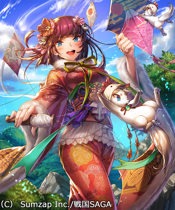 1girl asano_shiki blush bow breasts clouds copyright_name flower hair_flower hair_ornament kite long_hair looking_at_viewer official_art original sengoku_saga sky upper_teeth