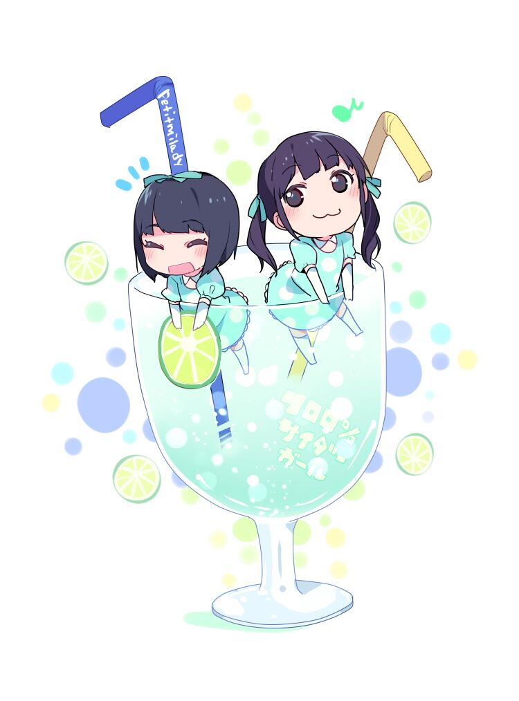 2girls :3 :d ^_^ aqua_dress aqua_ribbon bangs black_eyes black_hair blush bob_cut closed_eyes closed_eyes dress drinking_straw elbow_gloves food gloves goblet group_name hair_ribbon in_food lime_slice long_hair minigirl multiple_girls musical_note notice_lines open_mouth petit_milady polka_dot polka_dot_dress ribbon seiyuu short_hair short_sleeves smile song_name taketatsu_ayana taneda_yuuta thigh-highs twintails yuuki_aoi