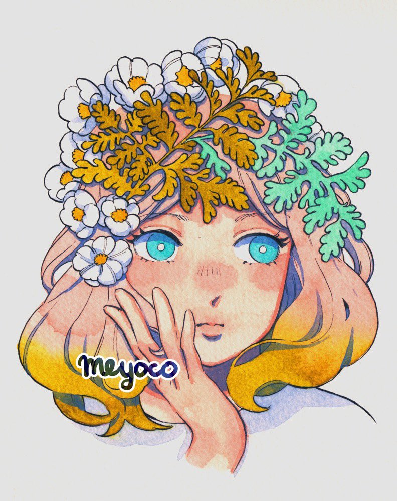 1girl aqua_eyes artist_name cropped_shoulders flower flower_on_head gradient_hair green_hair hair_flower hair_ornament hand_on_own_cheek looking_to_the_side meyoco multicolored_hair original pink_hair plant plant_on_head portrait simple_background solo traditional_media white_background white_flower