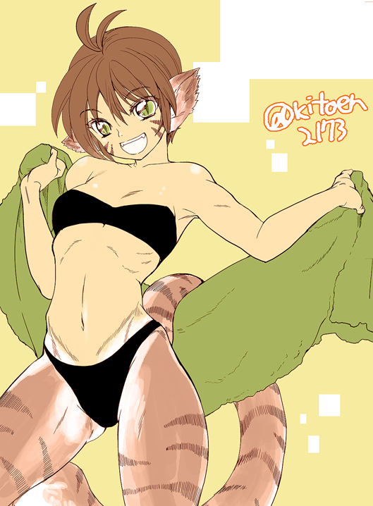 1girl animal_ears bra breasts breath_of_fire breath_of_fire_ii brown_hair cat_ears cat_tail cleavage commentary_request facial_mark furry green_eyes kitou_en looking_at_viewer no_pants panties pointy_ears rinpoo_chuan short_hair smile solo tail underwear