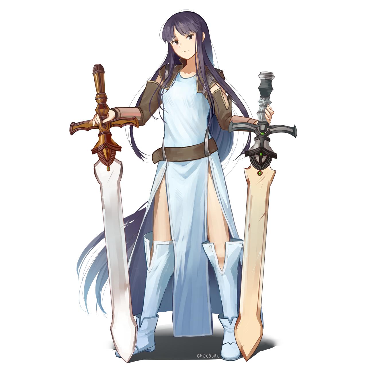 1girl alondite altina artist_name black_eyes black_hair boots chocojax closed_mouth commission dress fire_emblem fire_emblem:_akatsuki_no_megami full_body highres holding holding_sword holding_weapon long_hair nintendo pelvic_curtain ragnell side_slit simple_background sleeveless sleeveless_dress solo standing sword weapon white_background