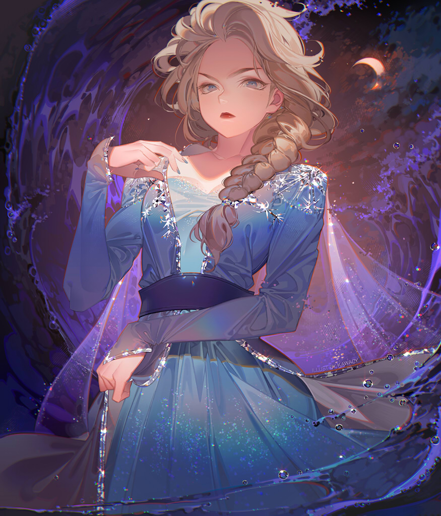 1girl blue_dress blue_eyes blush braid breasts clothes_lift clouds cloudy_sky commentary cowboy_shot disney dress elsa_(frozen) english_commentary expressionless fingernails floating frown frozen_(disney) frozen_ii_(disney) grey_background hair_slicked_back hand_on_hip hand_on_own_shoulder kawacy long_dress long_sleeves looking_at_viewer medium_breasts moon night night_sky see-through simple_background single_braid sky snowflake_print solo sparkle_print standing twitter_username water waves white_hair