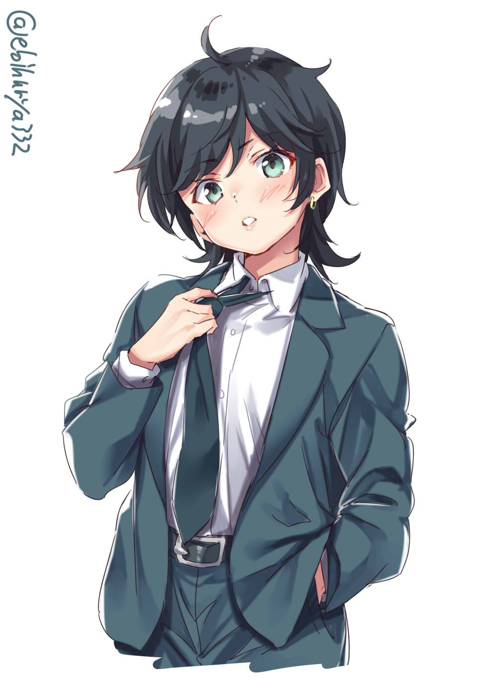 1girl adjusting_clothes adjusting_necktie alternate_costume bangs belt black_hair blush commentary_request earrings ebifurya eyebrows_visible_through_hair green_eyes hair_between_eyes hand_in_pocket highres jewelry kantai_collection long_sleeves looking_at_viewer matsukaze_(kantai_collection) messy_hair necktie open_mouth shirt short_hair simple_background solo standing tomboy twitter_username vest white_background white_shirt