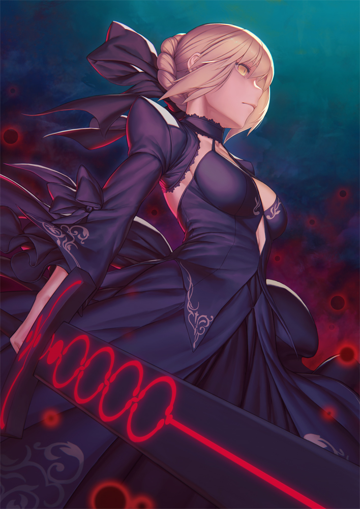 1girl artoria_pendragon_(all) bangs black_bow black_dress blonde_hair blue_background bow braid breasts closed_mouth commentary_request dark_excalibur detached_sleeves dress empty_eyes expressionless fate/stay_night fate_(series) foreshortening frilled_sleeves frills from_below hair_bow halter_dress heaven's_feel holding holding_sword holding_weapon juliet_sleeves layered_dress long_sleeves medium_breasts puffy_sleeves rotix saber_alter short_hair sidelocks solo sword weapon yellow_eyes