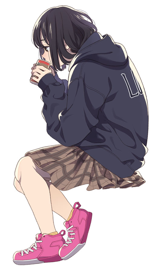 1girl bangs black_eyes black_hair brown_skirt can clothes_writing drinking from_side holding holding_can hood hood_down hoodie invisible_chair long_sleeves mattaku_mousuke miniskirt original pink_footwear plaid plaid_skirt pleated_skirt shoes short_hair simple_background sitting skirt sneakers solo white_background