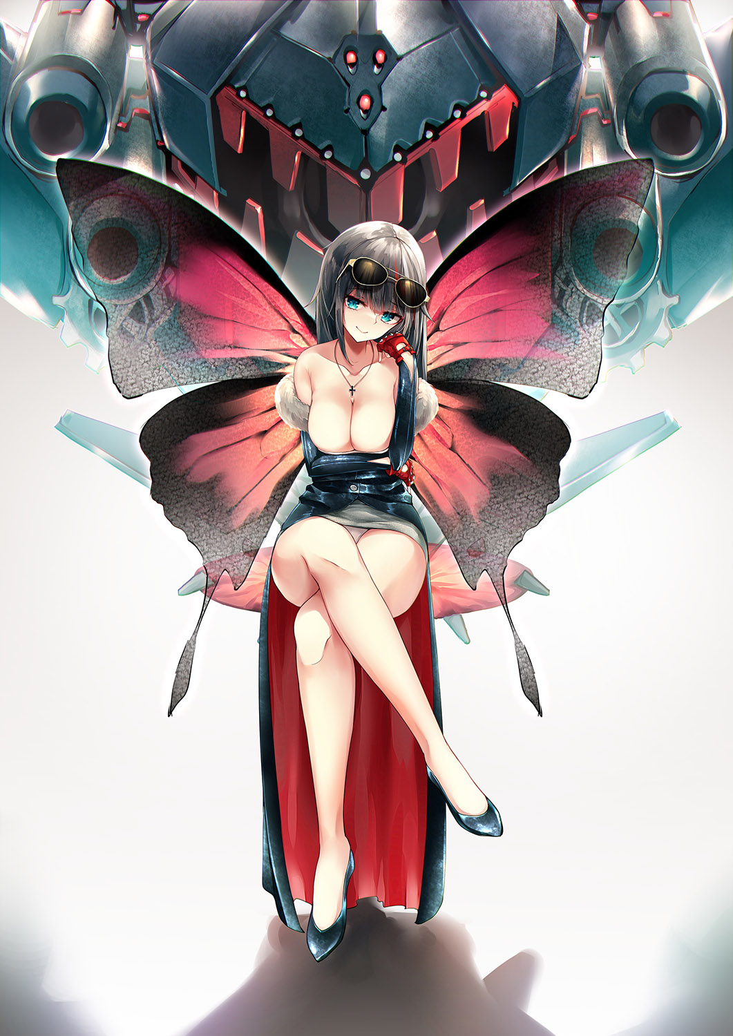 1girl azur_lane bangs black_dress black_hair blue_eyes breasts butterfly_wings cleavage deutschland_(azur_lane) dress eyebrows_visible_through_hair full_body high_heels highres legs_crossed long_hair looking_at_viewer machinery multicolored_hair oshishio panties redhead rigging silver_hair sitting smile streaked_hair sunglasses underwear very_long_hair white_panties wings