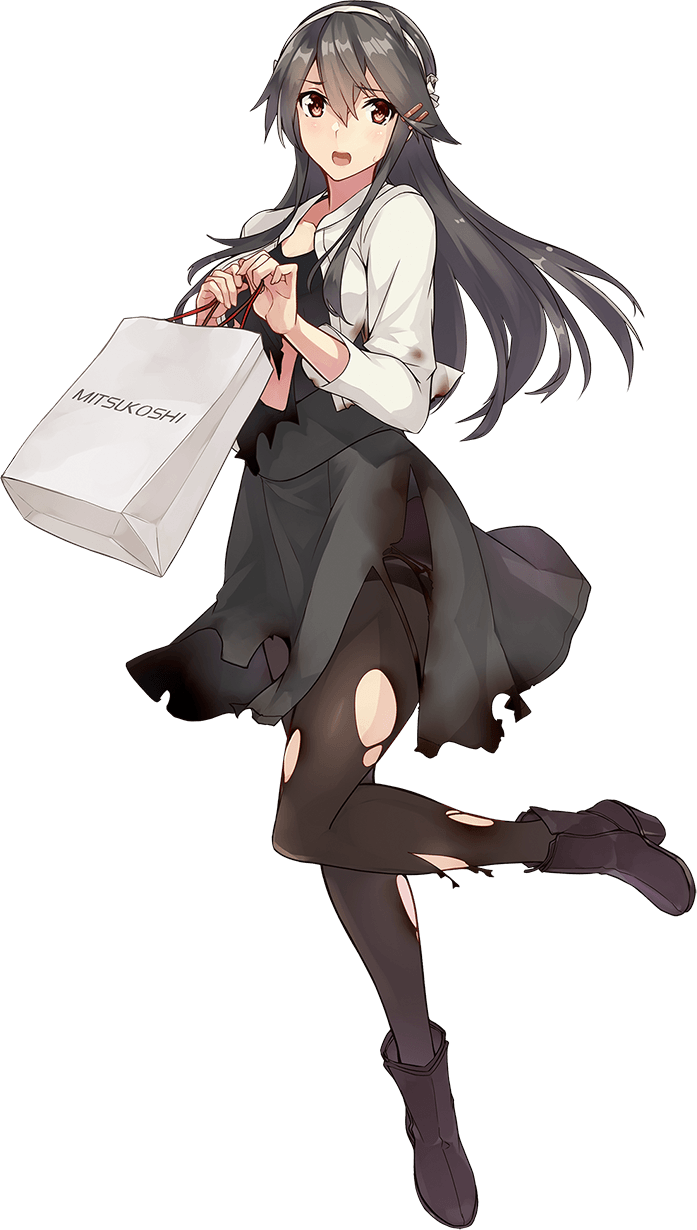 1girl ankle_boots bag black_dress black_legwear black_skirt boots brown_eyes dress full_body haruna_(kantai_collection) high_heel_boots high_heels highres jacket jewelry kantai_collection konishi_(koconatu) long_hair necklace official_art open_mouth pantyhose product_placement ribbon shopping_bag skirt solo torn_clothes torn_legwear transparent_background