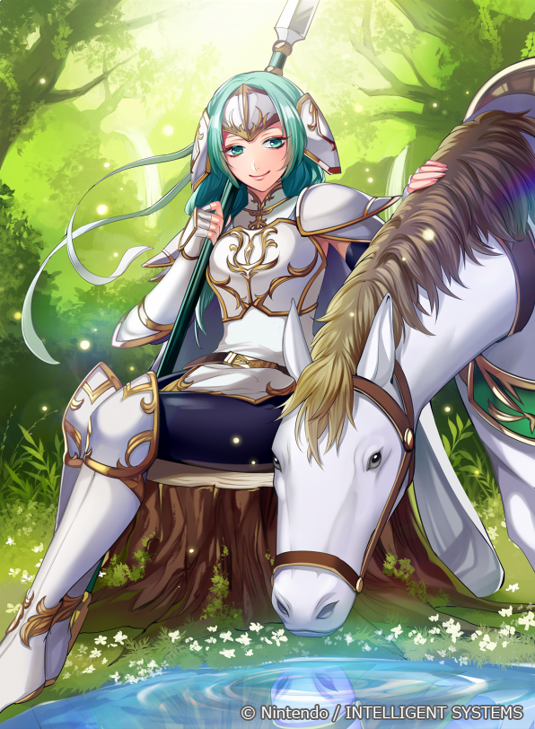 1girl animal arm_guards armor armored_boots boots breastplate cape character_request closed_mouth commentary_request company_connection copyright_name day fingerless_gloves fingernails fire_emblem fire_emblem:_souen_no_kiseki fire_emblem_cipher flower forest gloves green_eyes green_hair headpiece holding horse light_particles lips long_hair matsurika_youko nature nintendo official_art outdoors pantyhose polearm reflection shoulder_armor sigrun sitting smile solo spear tree water weapon