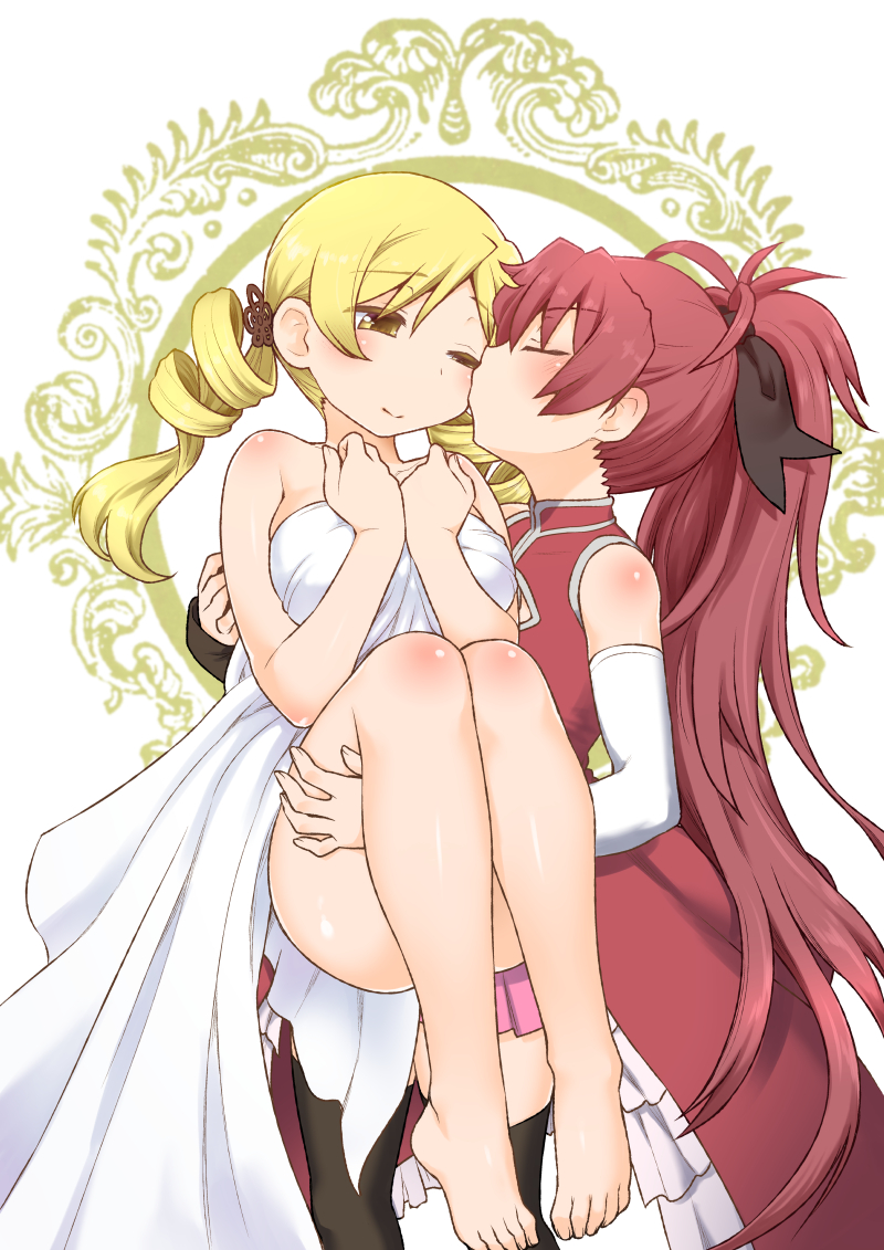 2girls ;) bangs bare_legs bare_shoulders barefoot black_legwear black_ribbon blonde_hair breasts carrying cheek_kiss closed_eyes closed_mouth drill_hair eyebrows_visible_through_hair hair_ornament hair_ribbon hands_up kiss kogaku_kazuya large_breasts long_hair magical_girl mahou_shoujo_madoka_magica miniskirt multiple_girls one_eye_closed pink_skirt pleated_skirt ponytail princess_carry redhead ribbon sakura_kyouko skirt smile thigh-highs tomoe_mami twin_drills very_long_hair yellow_eyes yuri