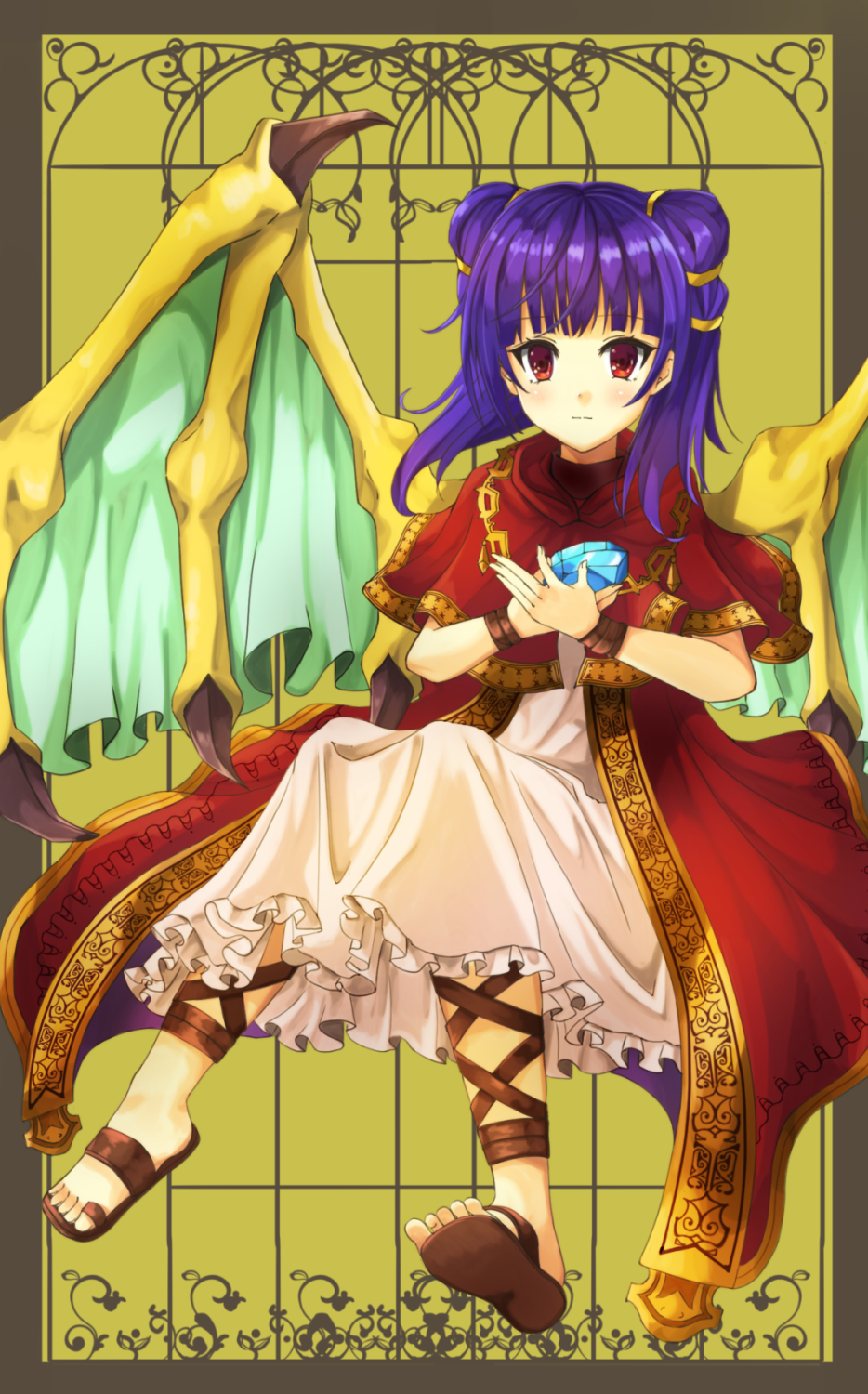 1girl closed_mouth dragon_wings dress fire_emblem fire_emblem:_seima_no_kouseki full_body fuussu_(21-kazin) highres holding mamkute multi-tied_hair myrrh nintendo purple_hair red_eyes solo stone twintails wings wristband