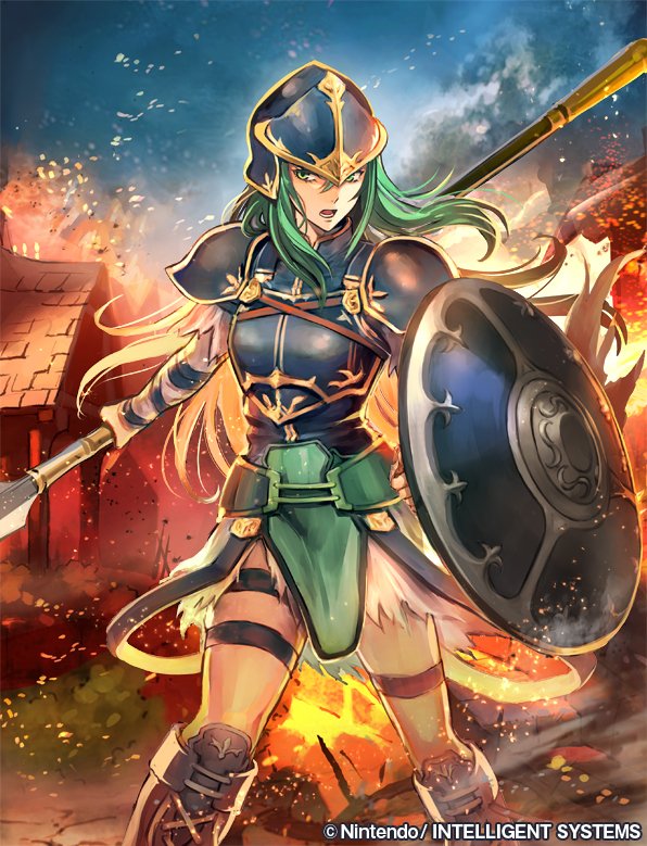 aqua_eyes aqua_hair armor boots breastplate commentary_request company_connection copyright_name fire fire_emblem fire_emblem:_souen_no_kiseki fire_emblem_cipher helmet holding holding_shield holding_weapon house knee_boots long_hair nephenee night nij_24 nintendo official_art open_mouth outdoors polearm shield short_sleeves shoulder_armor skirt solo spear thigh_strap torn_clothes torn_skirt weapon