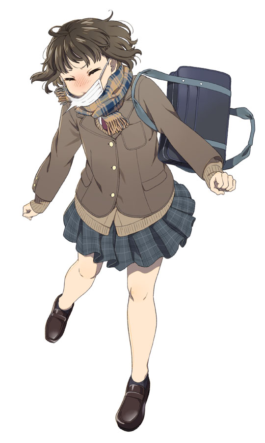 1girl bangs black_hair blue_skirt blush breast_pocket brown_coat brown_footwear clenched_hands closed_eyes coat full_body loafers long_sleeves mattaku_mousuke original plaid plaid_skirt pleated_skirt pocket scarf school_uniform shoes short_hair simple_background skirt solo surgical_mask white_background