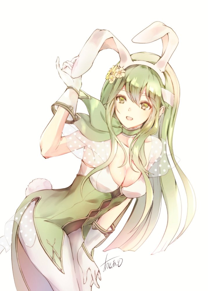 1girl animal_ears atoatto breasts bunny_tail cleavage fake_animal_ears fake_tail fire_emblem fire_emblem:_mystery_of_the_emblem fire_emblem_heroes flower gloves green_eyes green_hair hair_flower hair_ornament headband leotard long_hair medium_breasts nintendo open_mouth paola rabbit_ears see-through signature simple_background solo tail white_background white_gloves white_headband