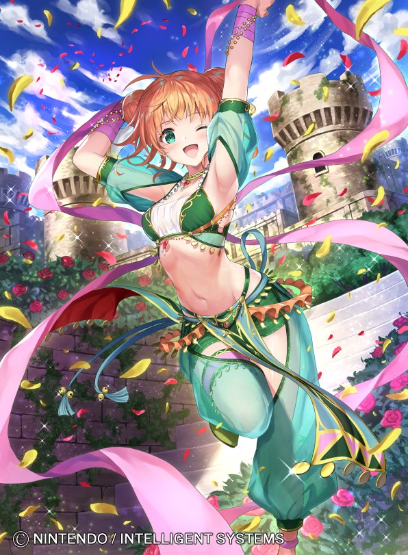 1girl bell bracelet breasts castle cleavage clouds double_bun fire_emblem fire_emblem:_fuuin_no_tsurugi fire_emblem_cipher flower green_eyes jewelry kousei_horiguchi lalum leaf midriff navel necklace nintendo official_art one_eye_closed open_mouth orange_hair petals rose sky solo sparkle stairs