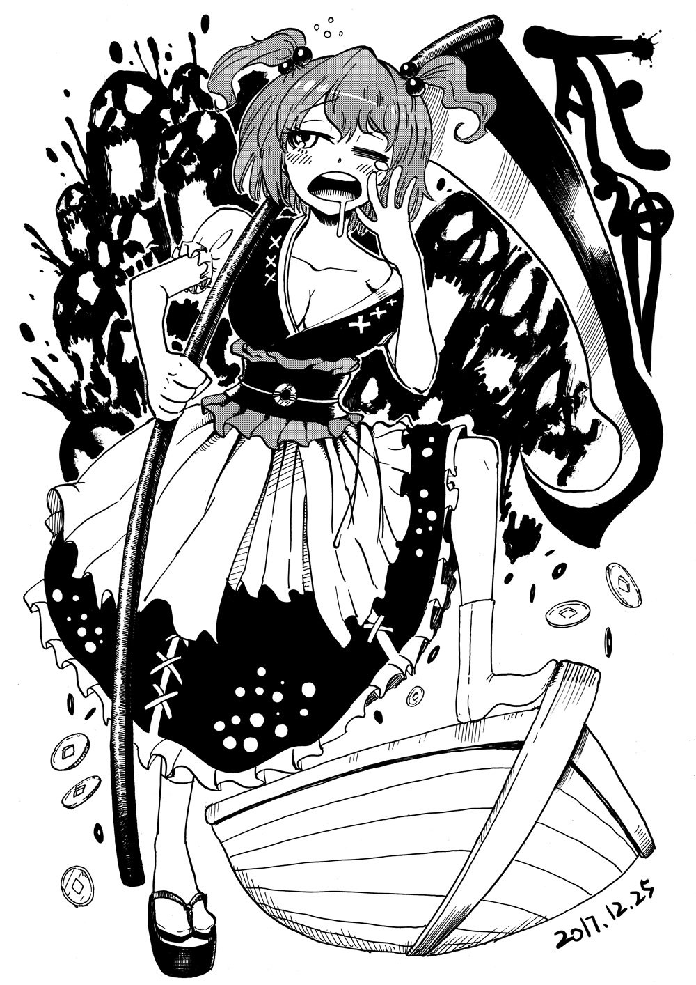 1girl bare_legs blackcat_(pixiv) blush blush_stickers boat bored breasts cleavage coin dated drooling eyebrows_visible_through_hair geta greyscale hair_between_eyes hair_ornament highres monochrome no_bra one_eye_closed onozuka_komachi open_mouth phantasmagoria_of_flower_view saliva scythe shoes short_hair short_sleeves short_twintails sickle single_shoe skirt skull skull_pile sleepy tabi touhou twintails watercraft white_legwear yawning