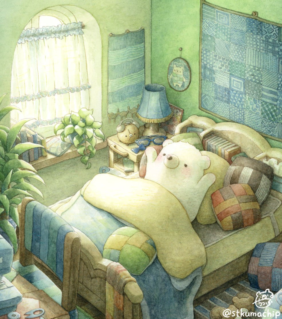 alarm_clock artist_name bear bed bedroom black_eyes blanket blush book bookshelf chair clock curtains day desk eyewear_removed glasses indoors lamp looking_away no_humans original pillow plant polar_bear potted_plant signature slippers slippers_removed st.kuma