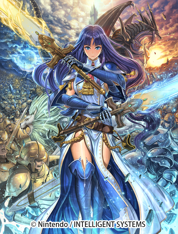 1girl 6+boys alondite altina aura battle blue_eyes blue_footwear blue_hair boots capelet company_name copyright_name deghinsea dress dual_wielding fire_emblem fire_emblem:_akatsuki_no_megami fire_emblem_cipher gauntlets holding holding_sword holding_weapon huge_weapon izuka_daisuke lion multiple_boys nintendo official_art pelvic_curtain ragnell sheath shoulder_armor side_slit sleeveless sleeveless_dress solo_focus sword thigh-highs thigh_boots turtleneck weapon