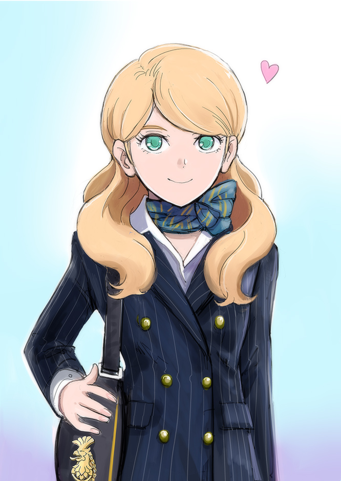 1girl bag bangs blonde_hair check_commentary commentary commentary_request flight_attendant gacha-m green_eyes gundam gundam_narrative heart long_hair long_sleeves looking_at_viewer rita_bernal scarf shoulder_bag smile solo upper_body