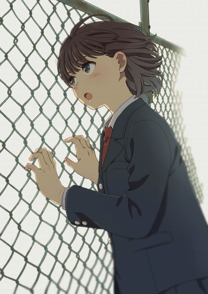 1girl blush brown_hair chain-link_fence fence holding mattaku_mousuke open_mouth original school_uniform short_hair simple_background solo