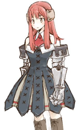 1girl arm_at_side armor armored_dress bare_shoulders boots breasts brown_eyes closed_mouth cowboy_shot cross-laced_clothes dress elbow_gloves floral_background flower from_side gauntlets gloves hair_ornament light_smile long_hair looking_away lowres primiera_(saga) red_flower red_rose redhead rose saga saga_frontier_2 solo thigh-highs thigh_boots yuya_(yu_gray)