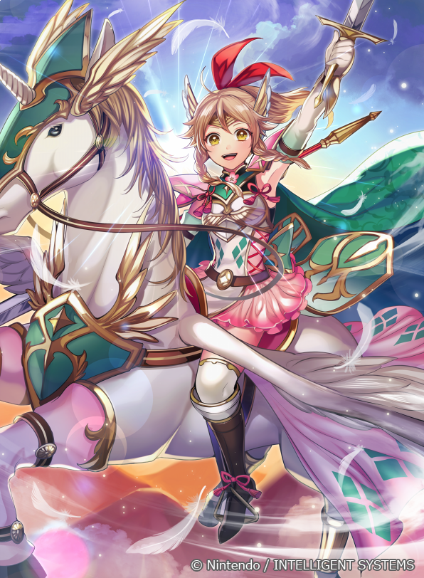 1girl arm_up armor bangs belt blonde_hair blue_sky boots braid breastplate cape clouds commentary_request company_connection copyright_name day dress elbow_gloves emma_(fire_emblem) feathers fire_emblem fire_emblem_cipher gloves headpiece holding holding_sword holding_weapon horn knee_boots long_hair looking_at_viewer matsurika_youko nintendo official_art open_mouth outdoors pegasus pegasus_knight short_dress shoulder_armor sky smile solo sword thigh-highs weapon white_legwear yellow_eyes