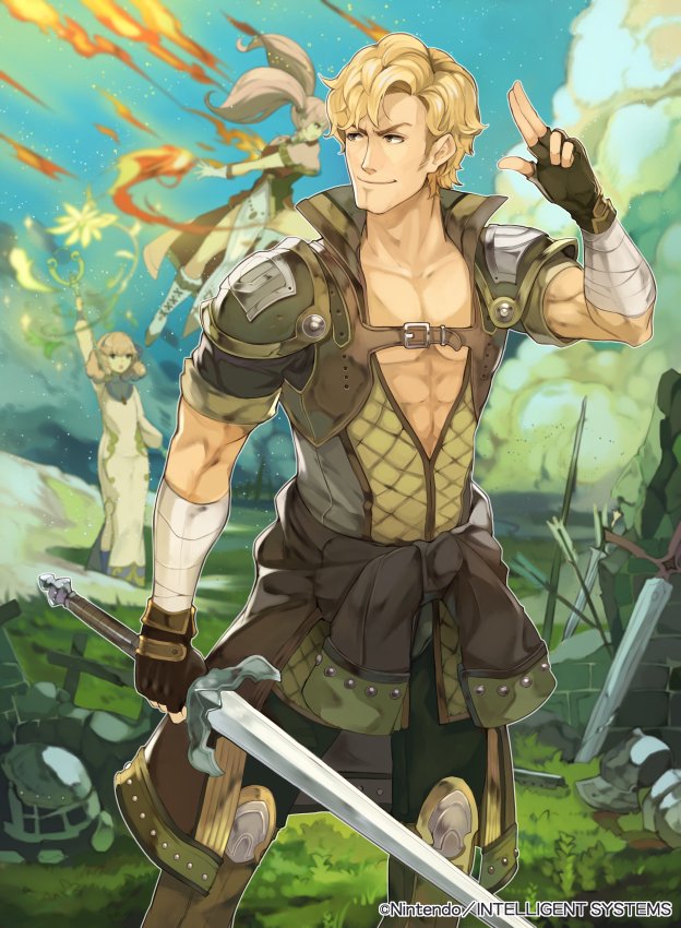 1boy 2girls abs bandage blonde_hair boots brown_eyes clouds curly_hair fingerless_gloves fire fire_emblem fire_emblem_cipher fire_emblem_echoes:_mou_hitori_no_eiyuuou flower gloves grass jenny_(fire_emblem) jesse_(fire_emblem) kurosawa_tetsu long_hair mae_(fire_emblem) multiple_girls nintendo official_art open_clothes open_mouth open_shirt pink_hair polearm spear sword twintails weapon