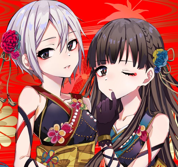 2girls bangs bare_shoulders black_eyes black_gloves black_hair blue_flower braid breasts closed_mouth collarbone eyebrows_visible_through_hair eyeliner flower gloves hagoromo_komachi_(idolmaster) hair_between_eyes hair_flower hair_ornament hand_up idolmaster idolmaster_cinderella_girls japanese_clothes kimono kobayakawa_sae long_hair looking_at_viewer makeup medium_breasts mek_number multiple_girls obi one_eye_closed parted_lips red_flower sash shiomi_shuuko short_hair silver_hair sleeveless sleeveless_kimono