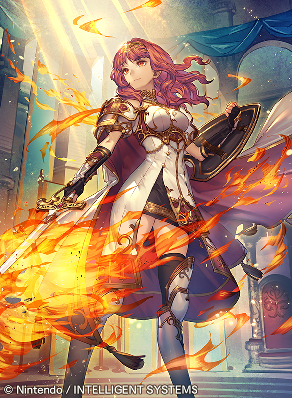 1girl arm_guards armor armored_boots bangs black_gloves black_legwear boots breastplate cape celica_(fire_emblem) closed_mouth commentary_request company_connection copyright_name dress fingerless_gloves fire fire_emblem fire_emblem_cipher fire_emblem_echoes:_mou_hitori_no_eiyuuou gloves holding holding_shield holding_sword holding_weapon indoors jewelry long_hair nintendo official_art red_eyes redhead shield short_sleeves standing sword thigh-highs umiu_geso weapon zettai_ryouiki