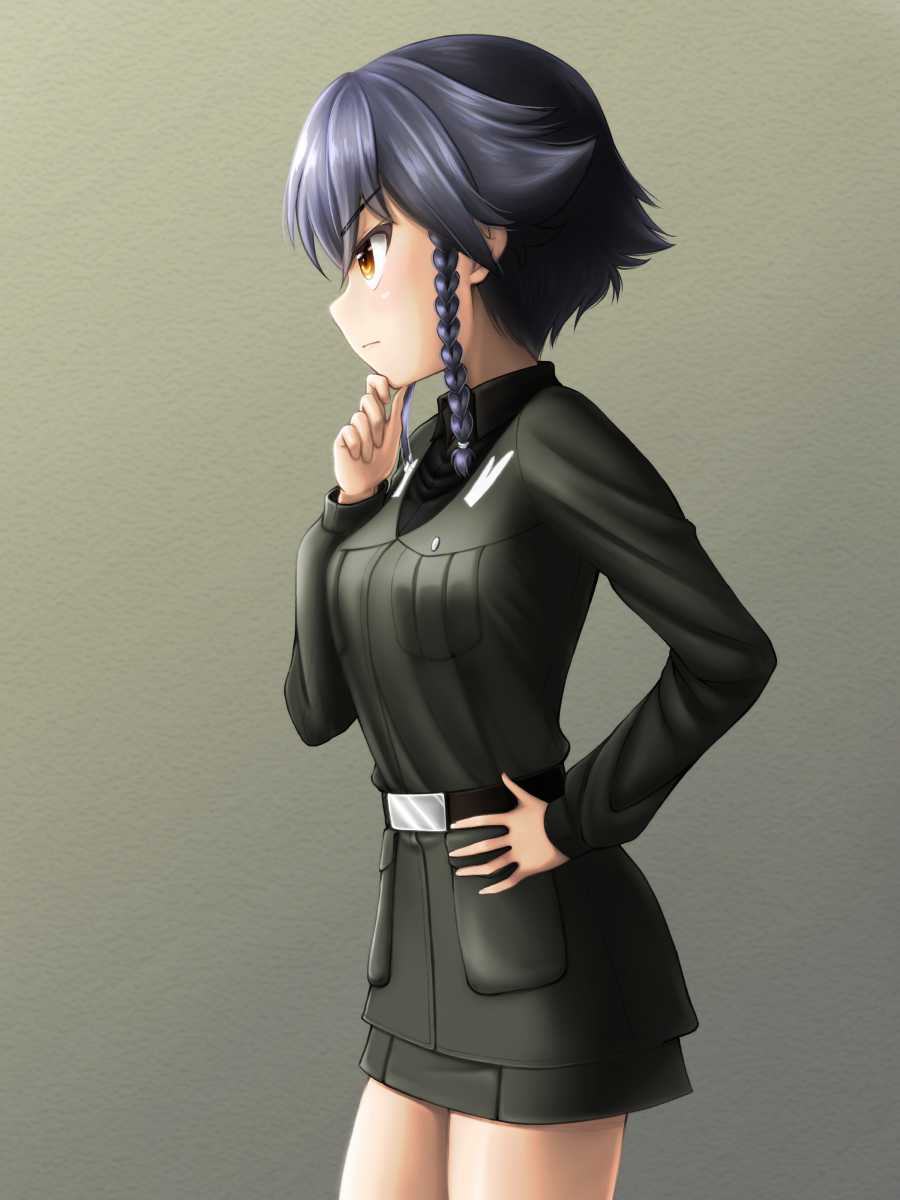 1girl anzio_military_uniform bangs belt black_belt black_hair black_shirt braid brown_eyes closed_mouth commentary_request cowboy_shot dress_shirt eyebrows_visible_through_hair from_side frown girls_und_panzer grey_jacket grey_skirt hair_tie hand_on_hip hand_on_own_chin highres jacket long_sleeves military military_uniform miniskirt partial_commentary pencil_skirt pepperoni_(girls_und_panzer) ruka_(piyopiyopu) shirt short_hair side_braid skirt solo standing uniform