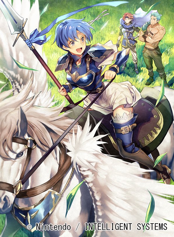 1girl 2boys arm_guards armor bangs bare_shoulders blue_eyes blue_hair breastplate cape commentary_request company_connection copyright_name crossed_arms day dieck fire_emblem fire_emblem:_fuuin_no_tsurugi fire_emblem_cipher grass green_hair headband holding holding_weapon multiple_boys muscle nagahama_megumi nintendo official_art open_mouth outdoors pants pegasus pegasus_knight polearm redhead roy_(fire_emblem) scar short_hair short_sleeves shoulder_armor skirt smile spear thany_(fire_emblem) thigh-highs weapon white_skirt zettai_ryouiki