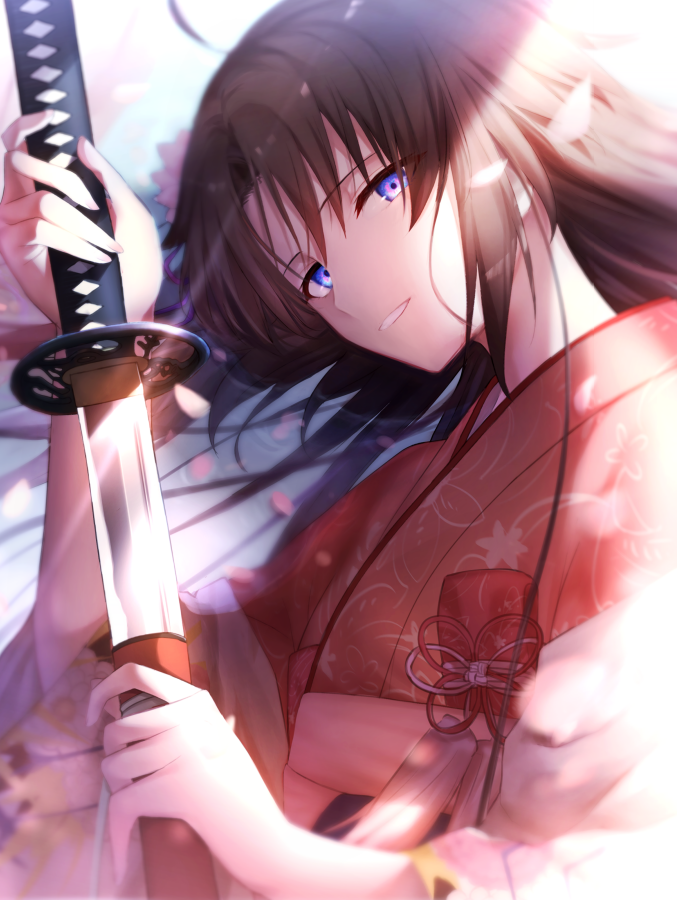 1girl bangs brown_hair eyebrows_visible_through_hair japanese_clothes kara_no_kyoukai katana kimono long_hair long_sleeves looking_at_viewer multicolored multicolored_eyes okakasushi parted_lips patterned_clothing petals ryougi_shiki smile solo sword upper_body weapon yukata