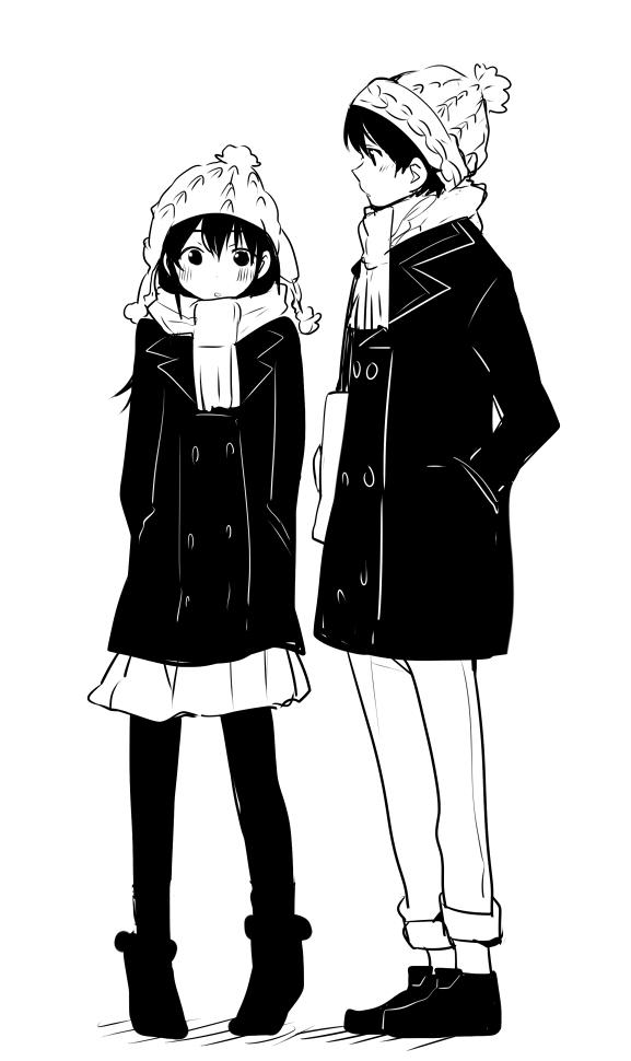 1boy 1girl bag bangs beanie blush boots coat full_body greyscale hand_in_pocket hands_in_pockets hat high_contrast long_hair long_sleeves looking_at_another miniskirt monochrome original pants pantyhose scarf shoes simple_background skirt standing taneda_yuuta white_background winter_clothes
