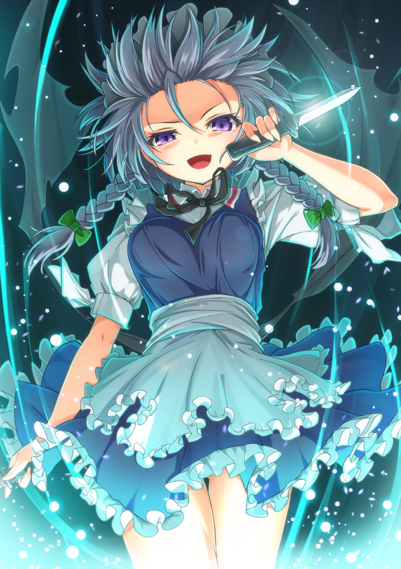 1girl :d apron black_neckwear black_ribbon blue_background blue_dress bow braid breasts cowboy_shot dress dual_wielding forehead frilled_apron frills green_bow hair_between_eyes hair_bow hand_up holding holding_knife holding_weapon izayoi_sakuya knife light_particles looking_at_viewer maid maid_apron maid_headdress matokechi medium_breasts neck_ribbon open_mouth petticoat puffy_short_sleeves puffy_sleeves reverse_grip ribbon shirt short_dress short_hair short_sleeves silver_hair smile solo standing thighs touhou twin_braids violet_eyes waist_apron weapon white_apron white_shirt