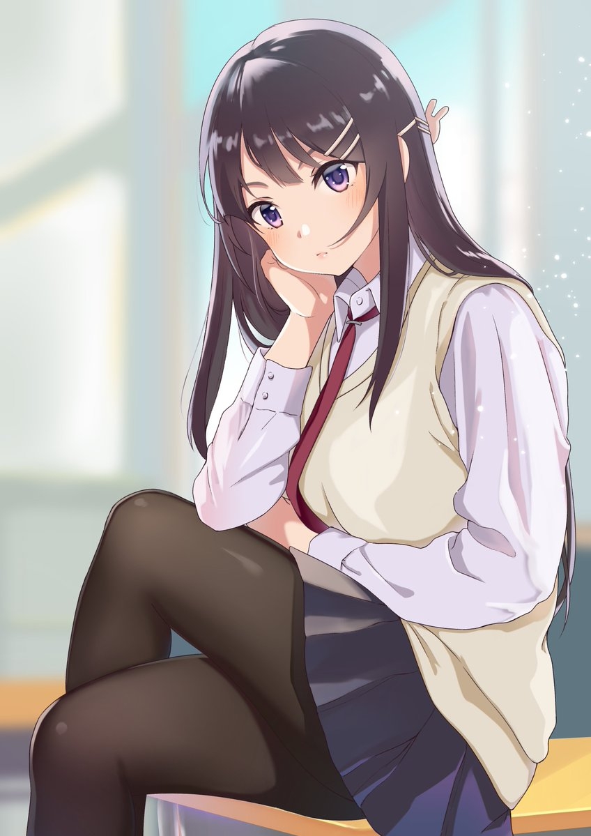 1girl aobategolove black_hair blue_skirt bunny_hair_ornament chin_rest desk dress_shirt hair_ornament legs_crossed long_hair necktie on_desk pantyhose pleated_skirt sakurajima_mai school_uniform seishun_buta_yarou shirt sitting sitting_on_desk skirt solo vest violet_eyes yellow_vest